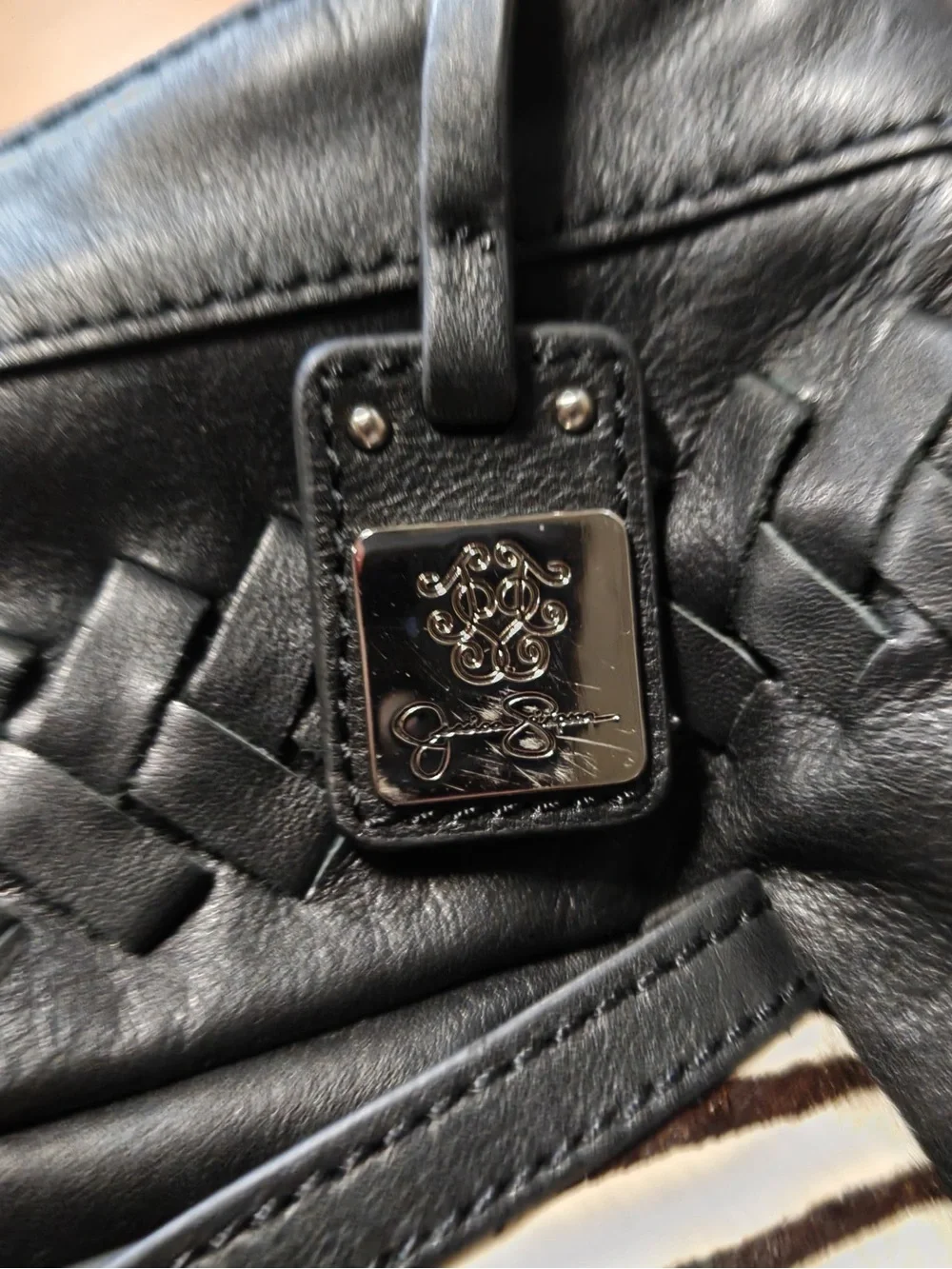 Jessica Simpson Black Leather Shoulder Bag with Zebra Accent